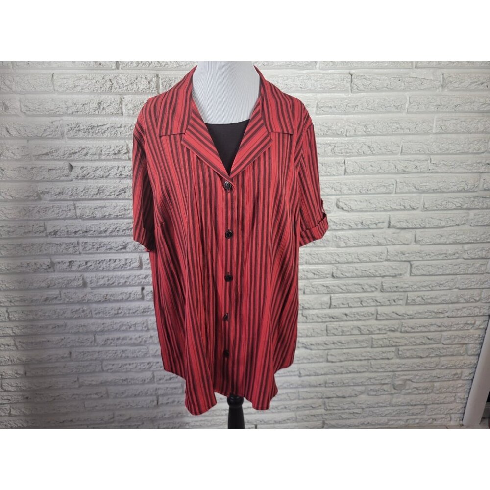 Maggie Barnes Womens Top 24W Plus Cuff Sleeve Red Stripe Collar Office B13E